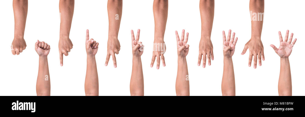 Set di mano umana raccolta che mostra i gesti o segno di numero uno per cinque isolati su sfondo bianco Foto Stock