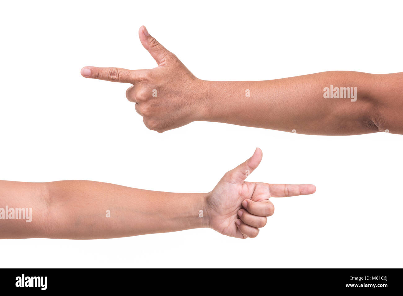 Mano umana che mostra i gesti o segno isolato su sfondo bianco Foto Stock