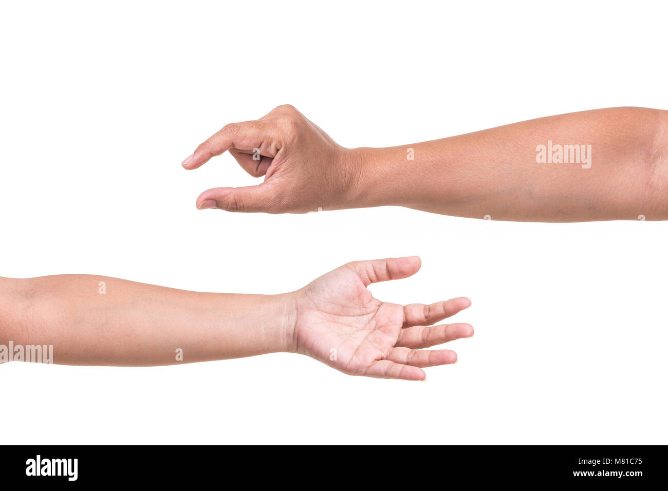 Mano umana che mostra i gesti o segno isolato su sfondo bianco Foto Stock