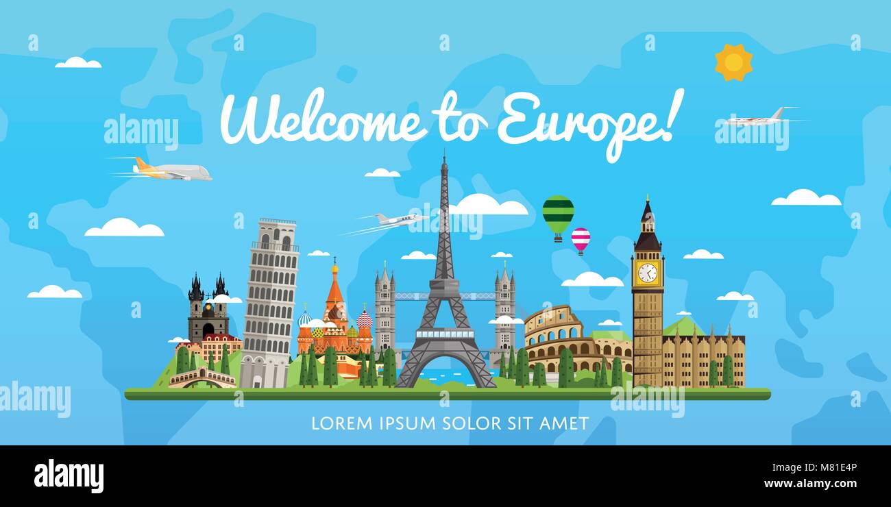 Benvenuti a Europa poster con le famose attrazioni Illustrazione Vettoriale