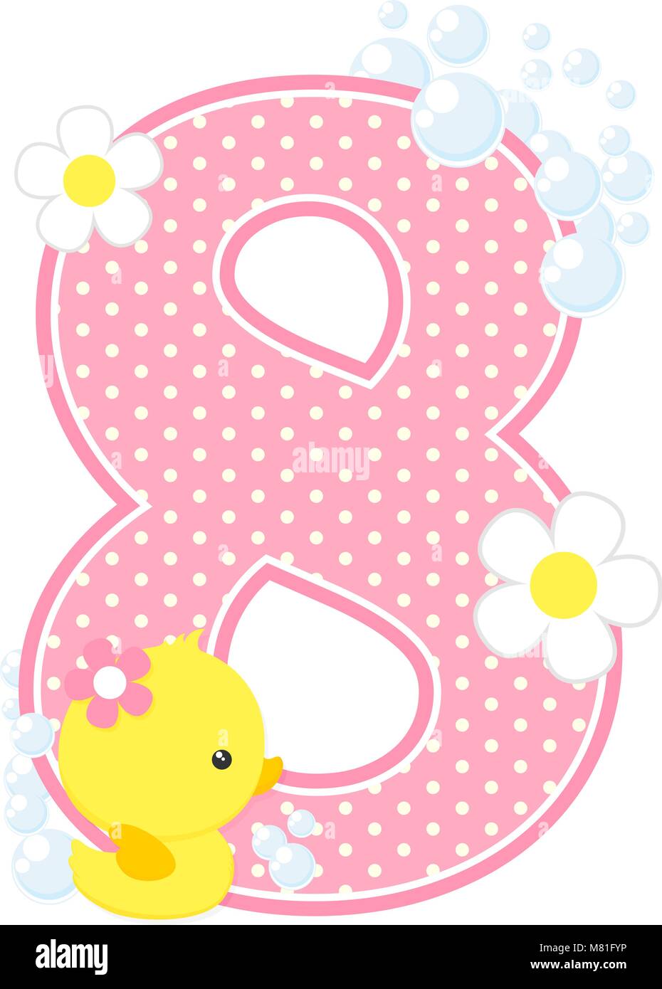 Numero 8 con bolle e carino rubber duck isolato su bianco. può essere utilizzato per la bambina nascita annunci, decorazione di vivaio, parte il tema o birthd Illustrazione Vettoriale