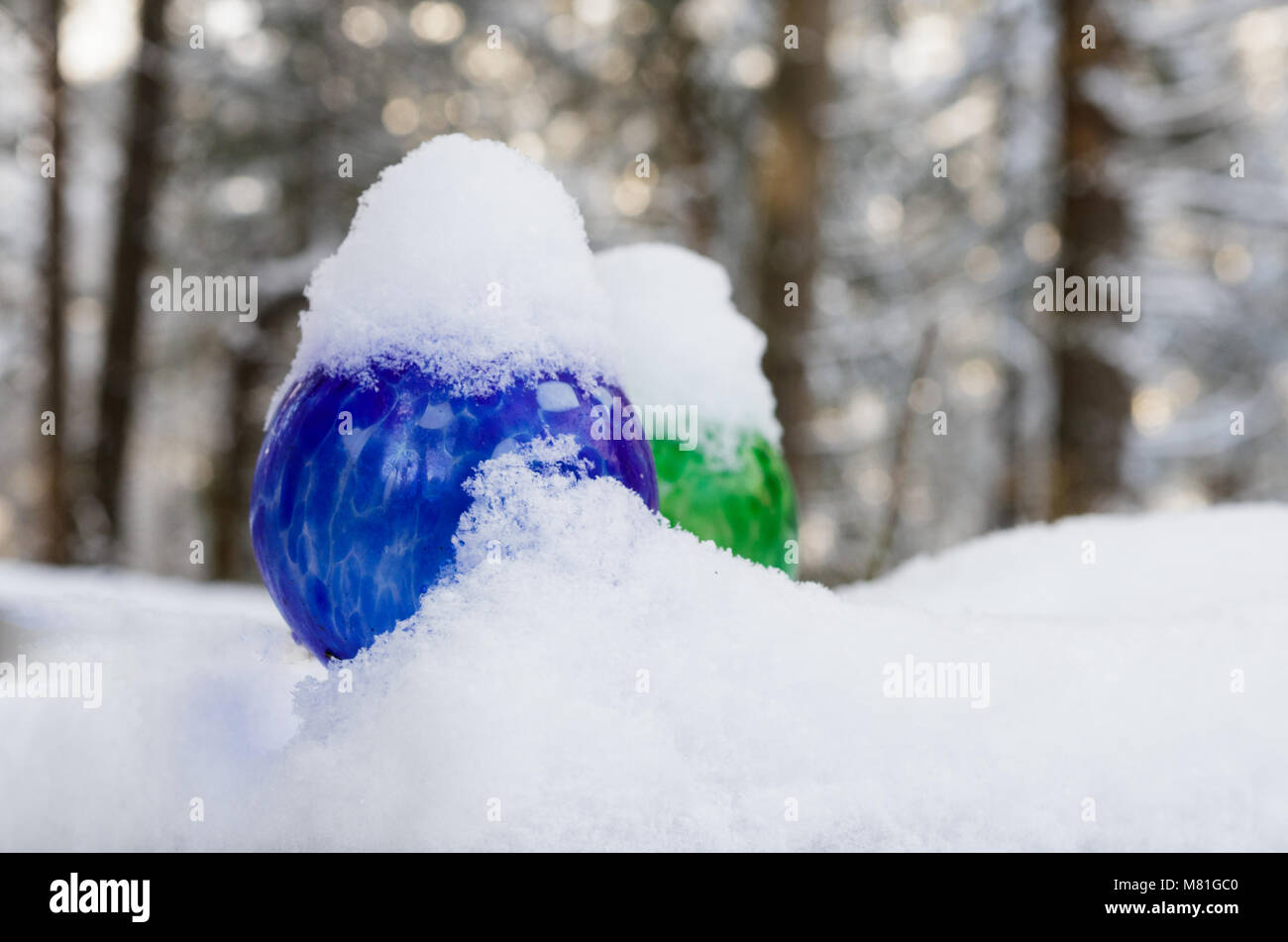 Colorate globi di irrigazione coperto di neve fresca in una giornata invernale con alberi in background Foto Stock