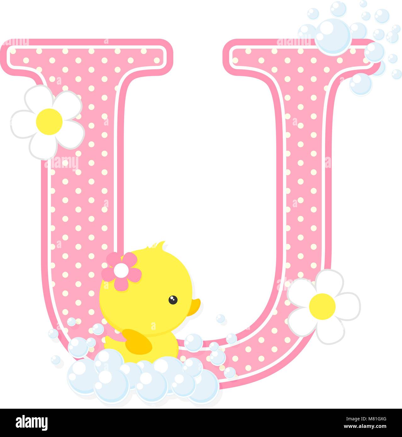 U iniziale con bolle e carino rubber duck isolato su bianco. può essere utilizzato per la bambina nascita annunci, decorazione di vivaio, tema di partito o di nascita Illustrazione Vettoriale