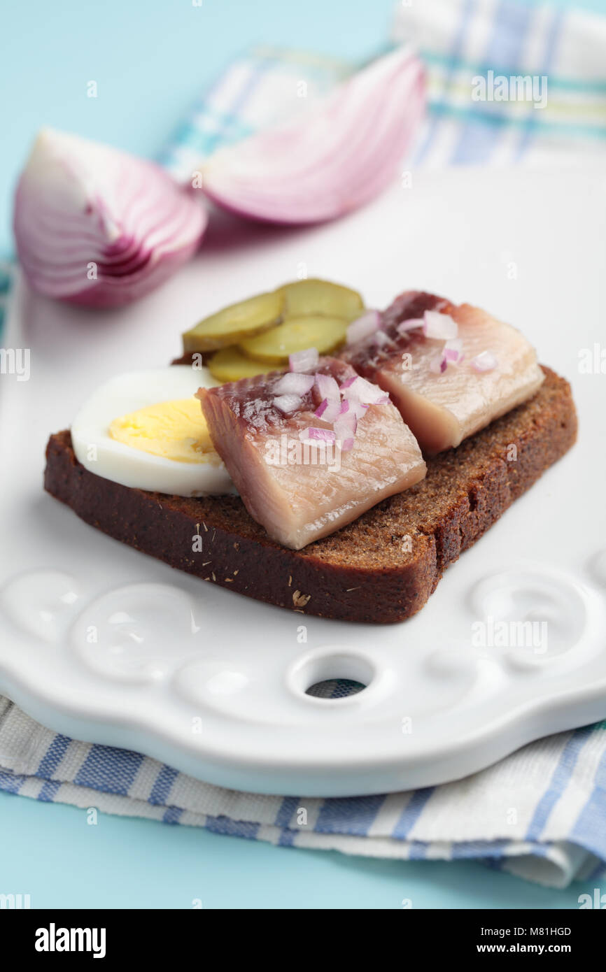 Sandwich con messi in salamoia aringa, uova sode, e cetrioli sottaceto Foto Stock