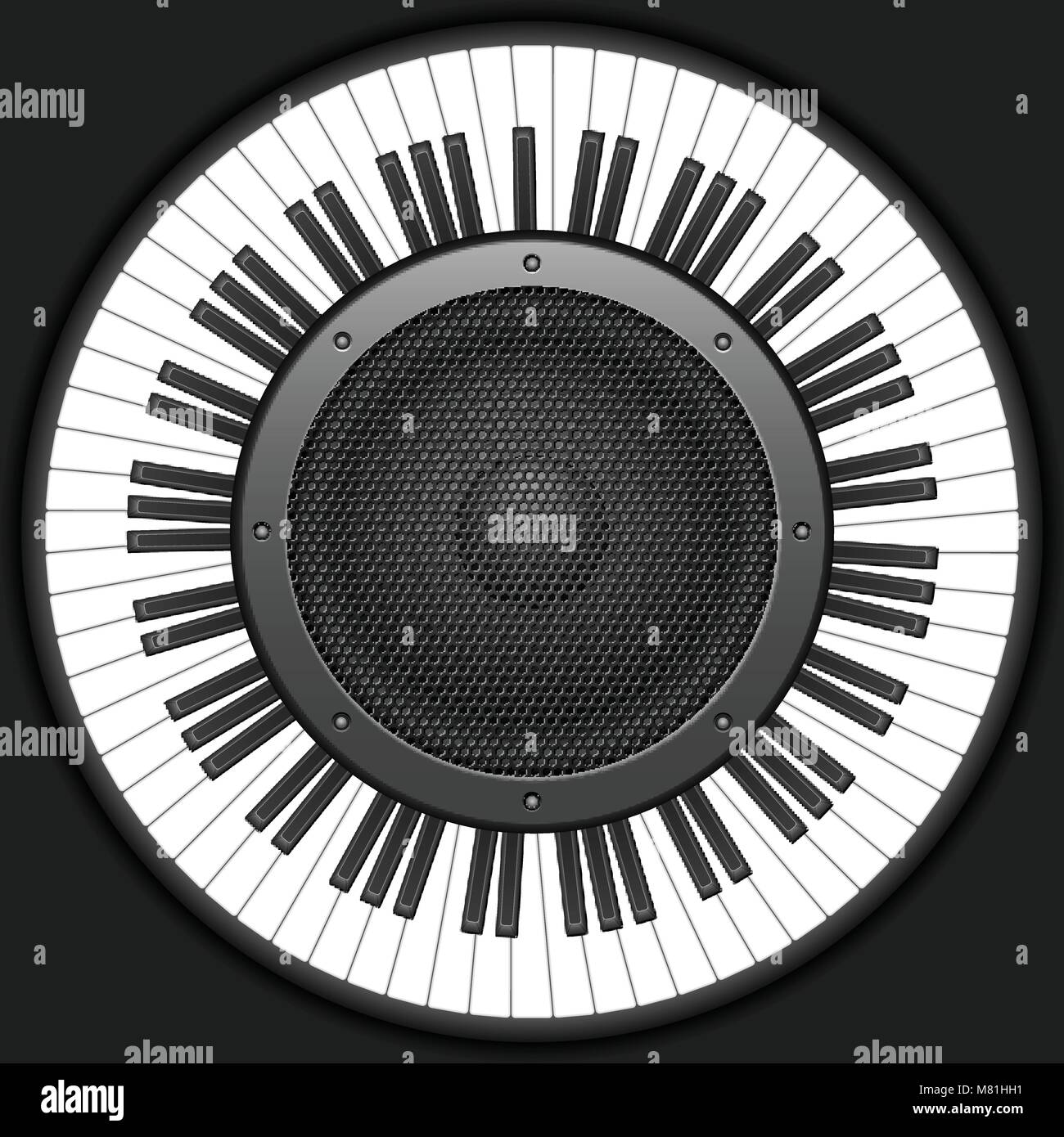 Cerchio tastiera di pianoforte con altoparlante su uno sfondo nero. Illustrazione Vettoriale