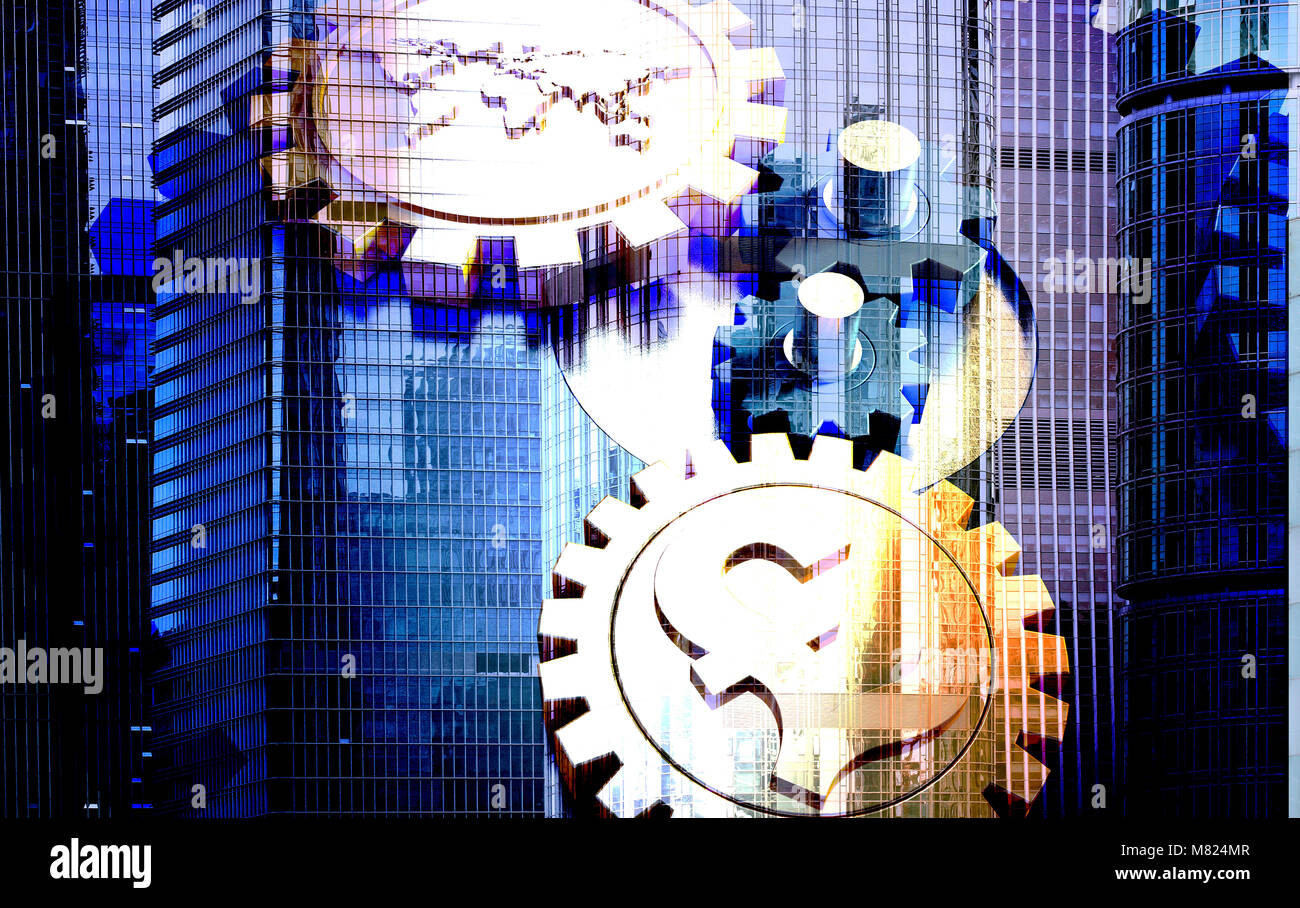 Urbano Economia aziendale, gli ingranaggi e i simboli di valuta, Global Finance Foto Stock