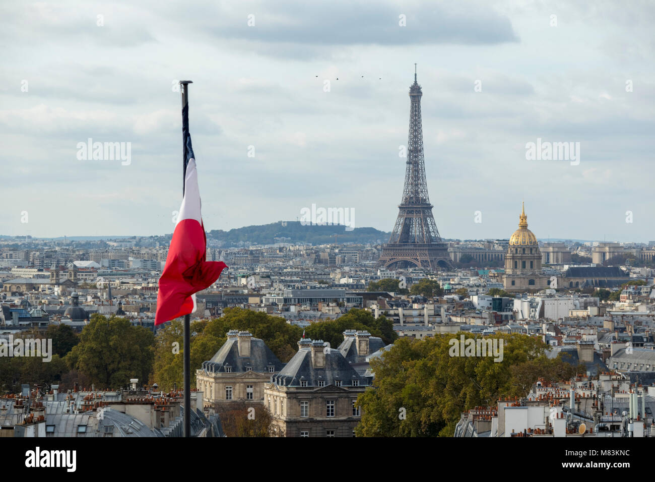 Vista della Torre Eiffel e da Les Invalides dome dal tetto del Pantheon, Parigi, Francia Foto Stock