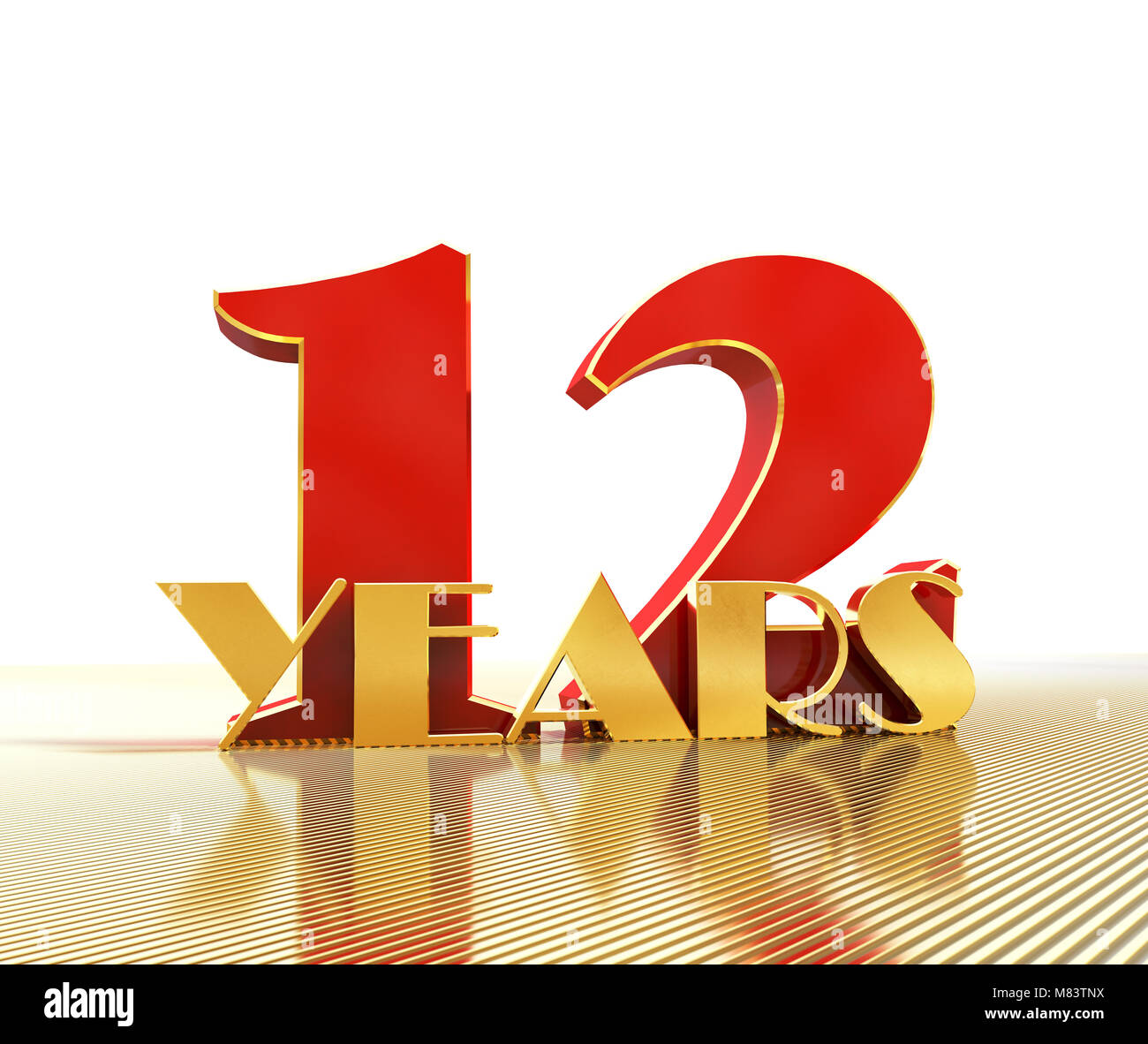 Golden numero dodici (numero 12) e la parola "anni" contro lo sfondo della prospettiva di linee d'oro. 3D illustrazione Foto Stock