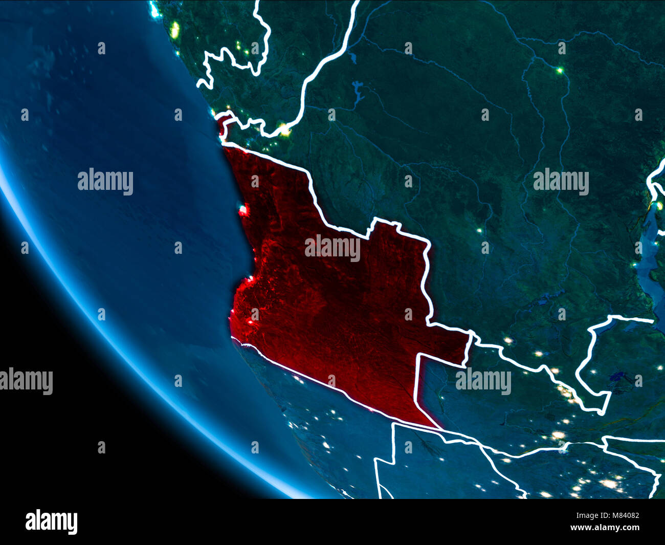 Mappa di Angola in rosso come visto dallo spazio sul pianeta terra di notte con linee di demarcazione bianco e luci della citta'. 3D'illustrazione. Gli elementi di questa immagine furni Foto Stock
