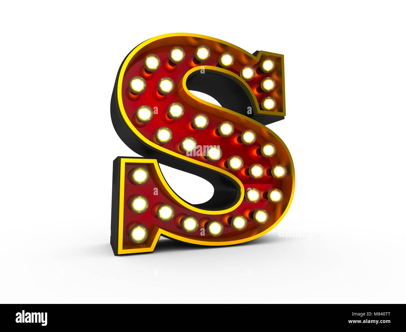 Alta qualità 3D illustrazione della lettera S in stile Broadway con lampadine è illuminante su sfondo bianco Foto Stock