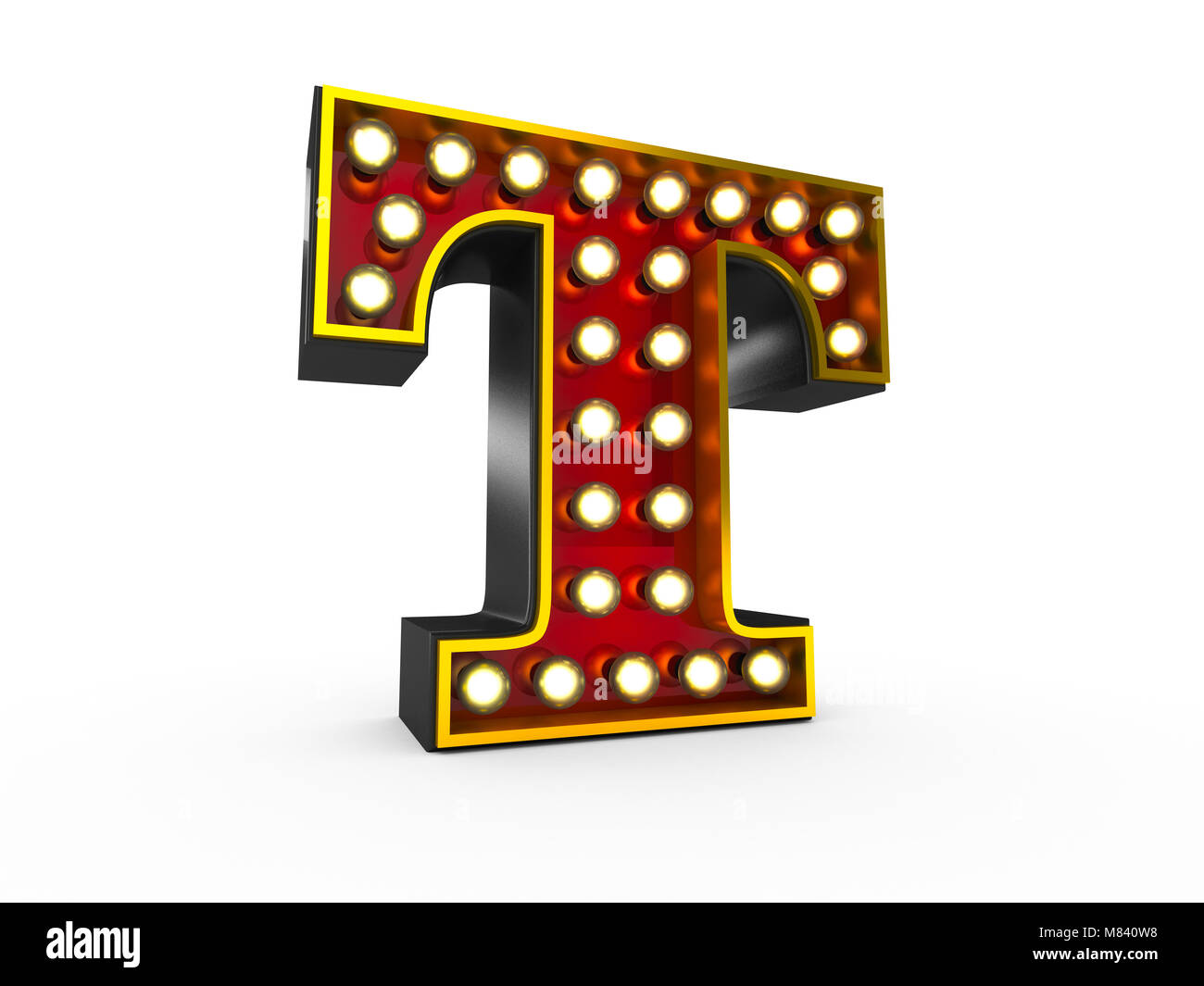 Alta qualità 3D illustrazione della lettera T in stile Broadway con lampadine è illuminante su sfondo bianco Foto Stock