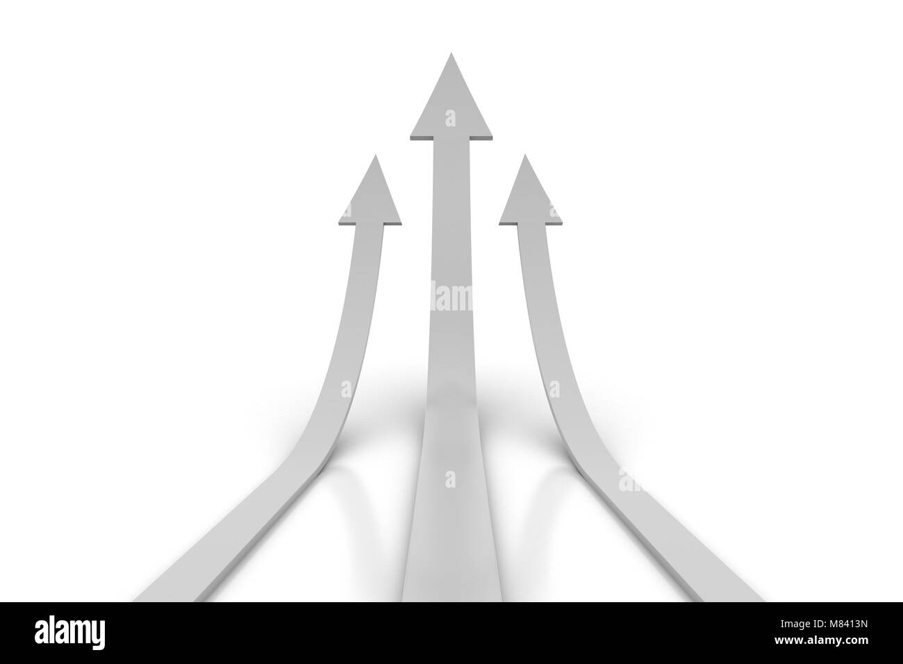 Tre rising 3d frecce su sfondo bianco. Finanza aziendale sullo sfondo Foto Stock