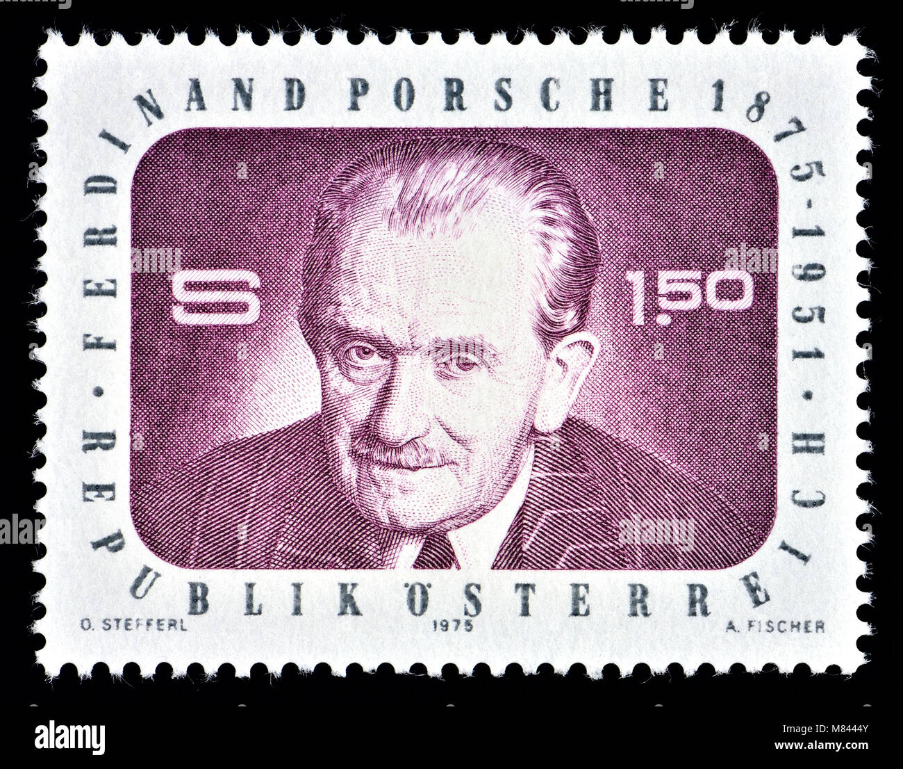 Austrian francobollo (1975) : Ferdinand Porsche (1875 - 1951) ingegnere automobilistico e fondatore della Porsche auto aziendale Foto Stock