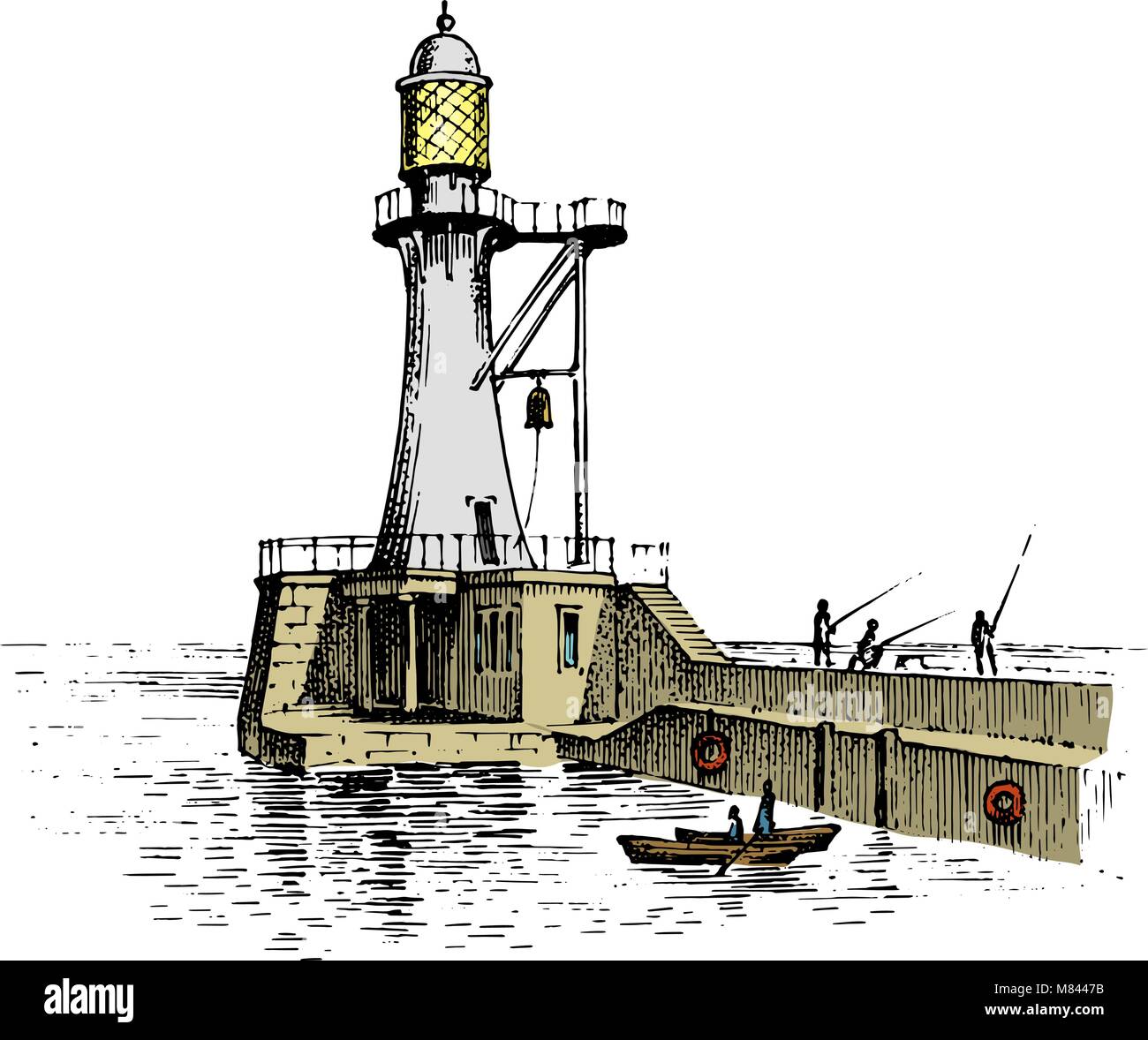 Faro e il mare. Schizzo di Marino, viaggio nautico e paesaggi marini. Illuminazione nell'oceano. incisi vintage, disegnati a mano, Atlantic onda di marea. Navigazione per le navi e yacht. Illustrazione Vettoriale