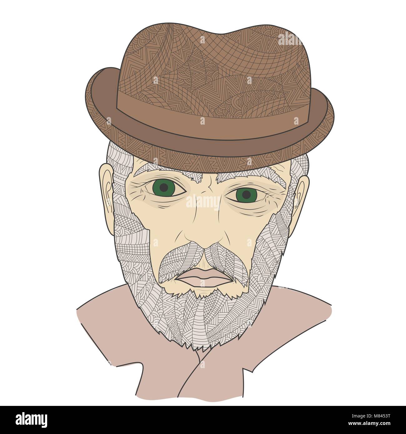 Ritratto di nonno con un baffi Zen groviglio illustrazione vettoriale. Uomo più anziano in un cappello e occhiali. Libro da colorare per adulti. Illustrazione Vettoriale