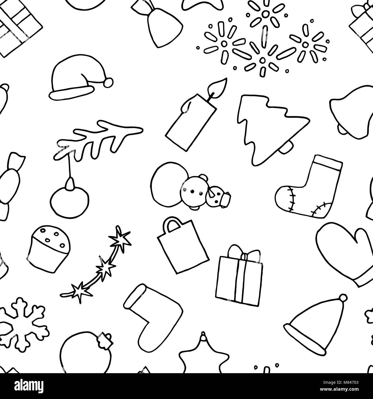 Anno nuovo modello senza giunture dello sfondo. Sfondo di natale. Libro da colorare. L'abete bianco pupazzo di neve, candy, regali, bell, cappuccio, stivali di feltro, giocattolo, albero, s Illustrazione Vettoriale
