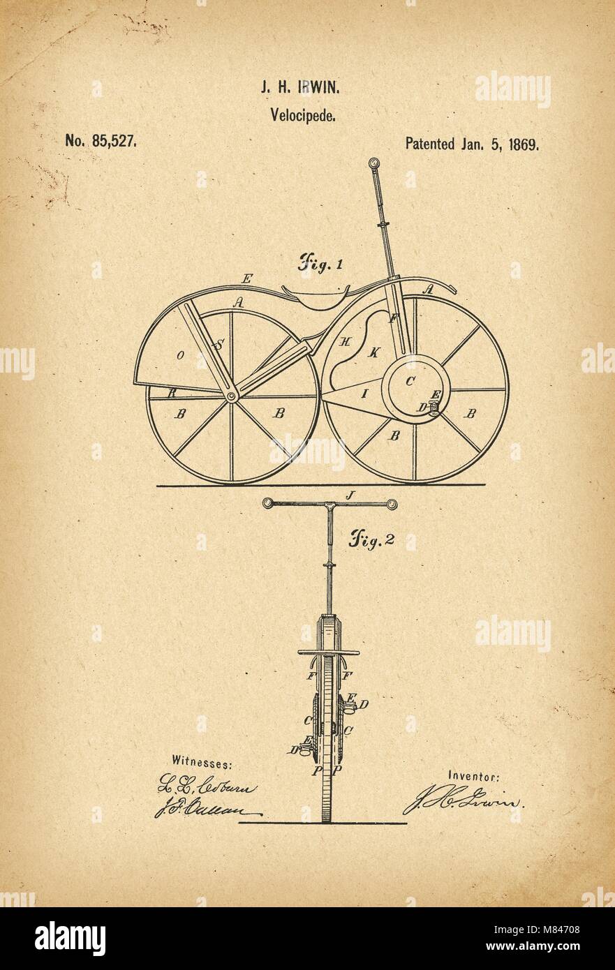 1869 Brevetto bicicletta Velocipede storia trovato Foto Stock
