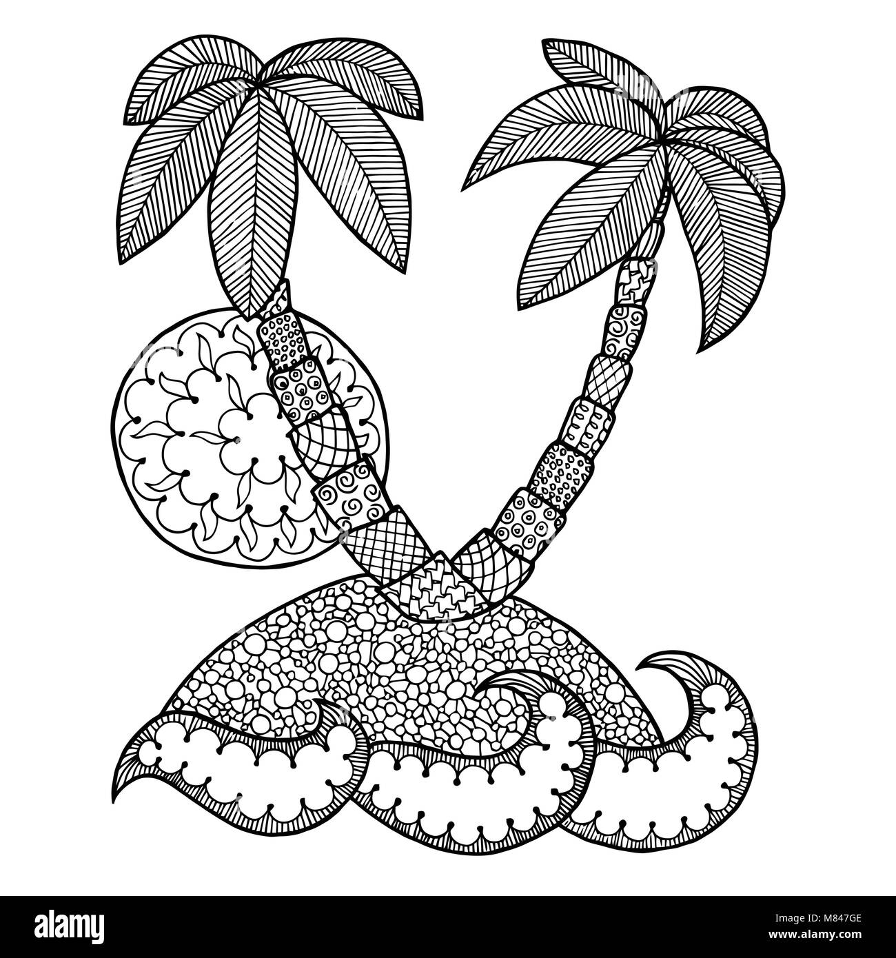 Isola illustrazione vettoriale. Isola groviglio zen, isoletta doodle, libro da colorare mare oceano zentangle, zendoodle palme, zenart sun. Vacanze a contorno, BEA Illustrazione Vettoriale