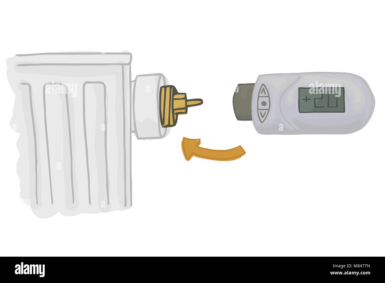 Il radiatore di riscaldamento con controllo elettronico testa termostatica con display. Impianto di riscaldamento. Casa di controllo temperatura illustrazione vettoriale. Calore domestico comfor Illustrazione Vettoriale