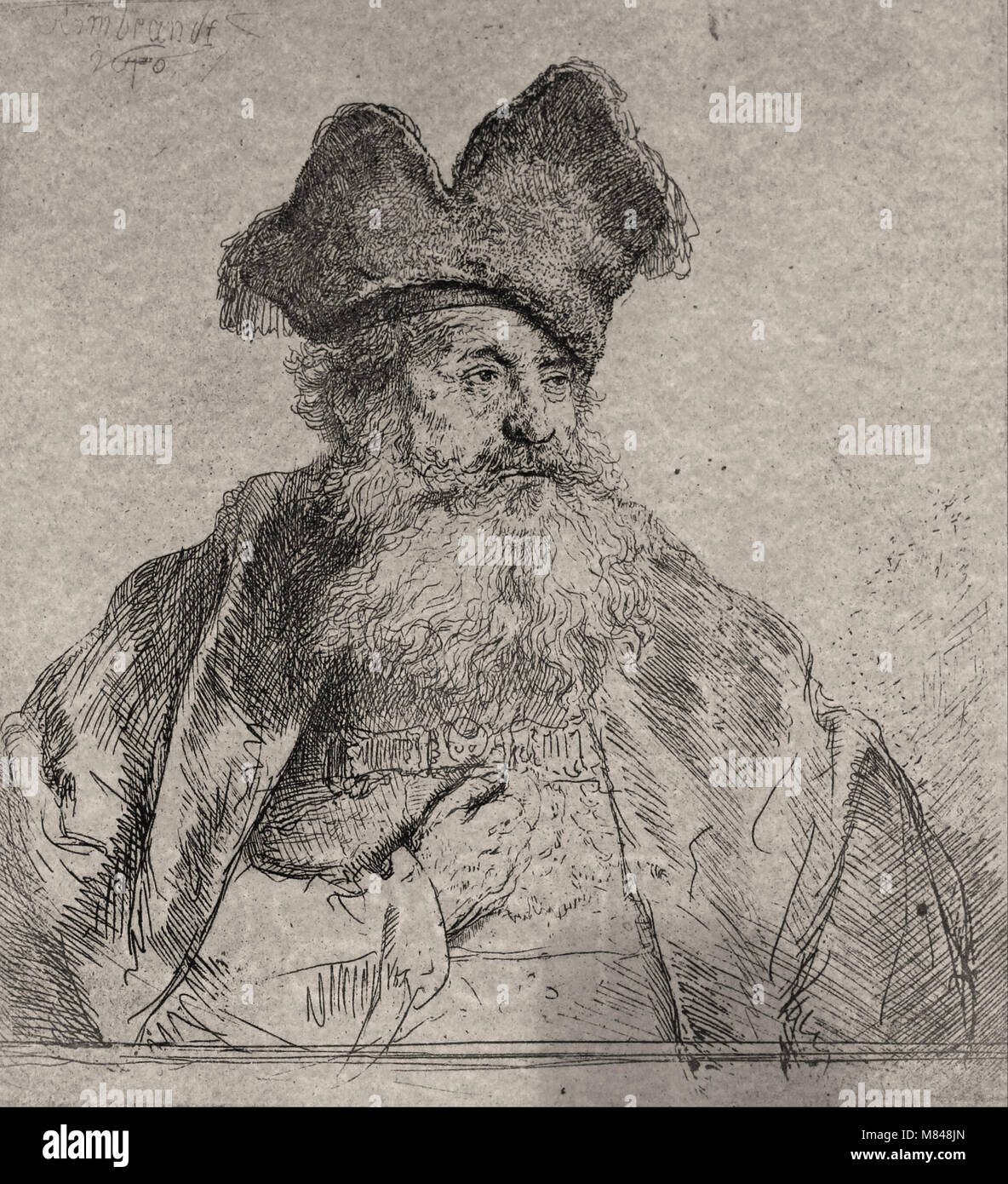 Harmenszoon Rembrandt van Rijn - uomo vecchio con una divisa cappuccio di pelliccia Foto Stock