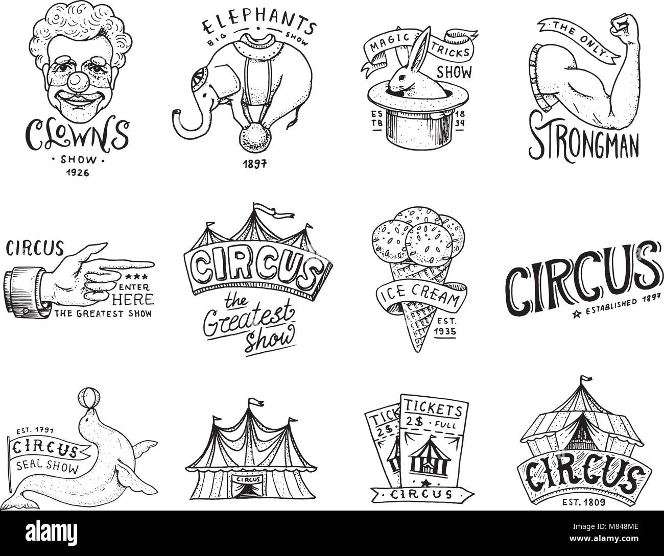 Carnival Circus badge. Arlecchino con animali. clown e elefante, gelato, magic concentrarsi nella tenda. funnyman funster o freak. festival con attori. incisi emblema disegnato a mano. Theatre Marquee e. Illustrazione Vettoriale