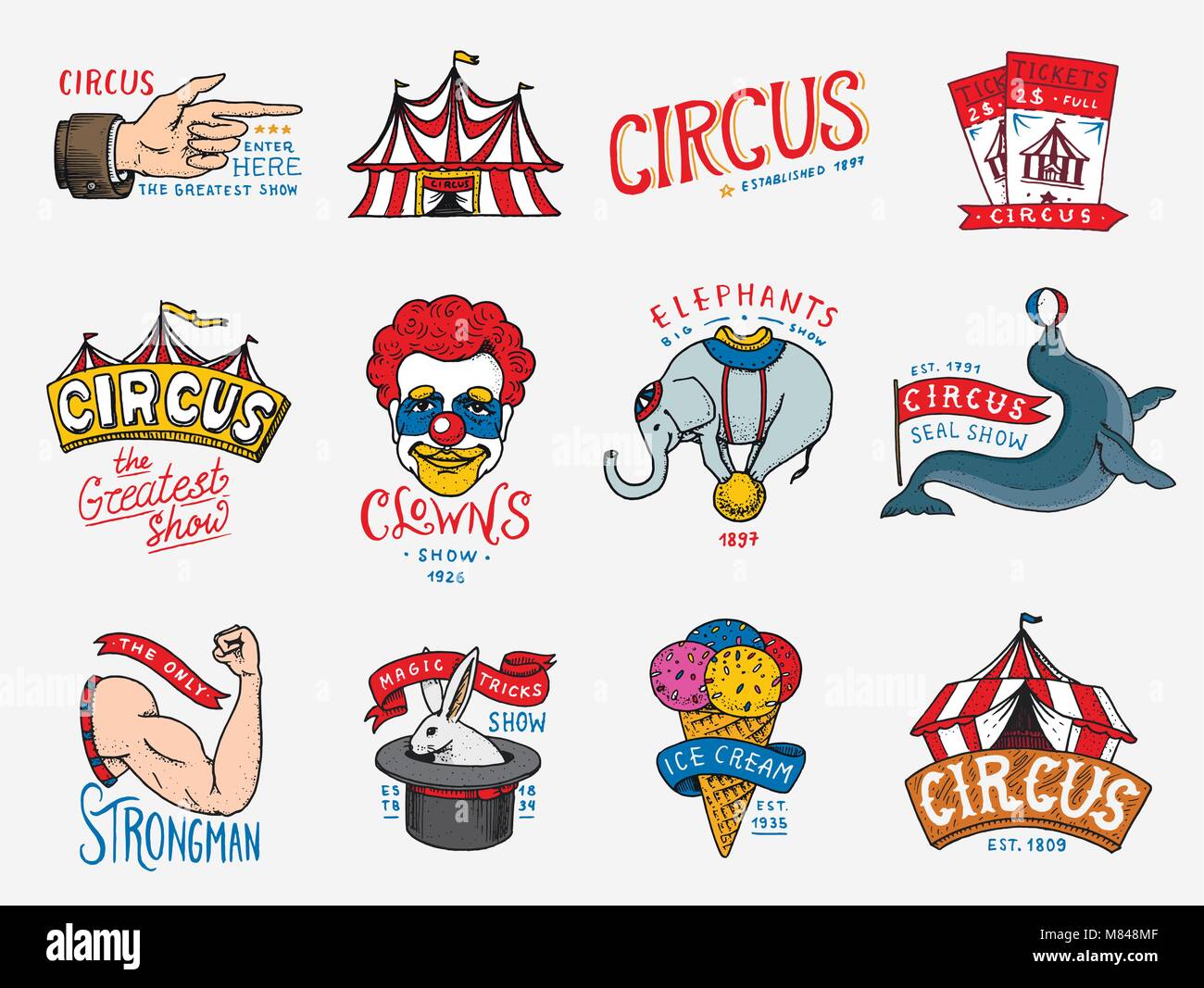 Carnival Circus badge. Arlecchino con animali. clown e elefante, gelato, magic concentrarsi nella tenda. funnyman funster o freak. festival con attori. incisi emblema disegnato a mano. Theatre Marquee e. Illustrazione Vettoriale