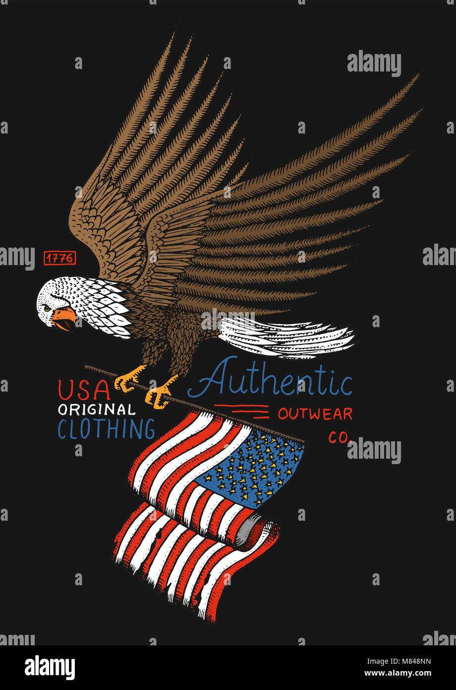 Native American Eagle. wild bird. vecchia etichetta e badge. incisi disegnati a mano nel vecchio sketch. USA un simbolo bandiera del patriota. Illustrazione Vettoriale