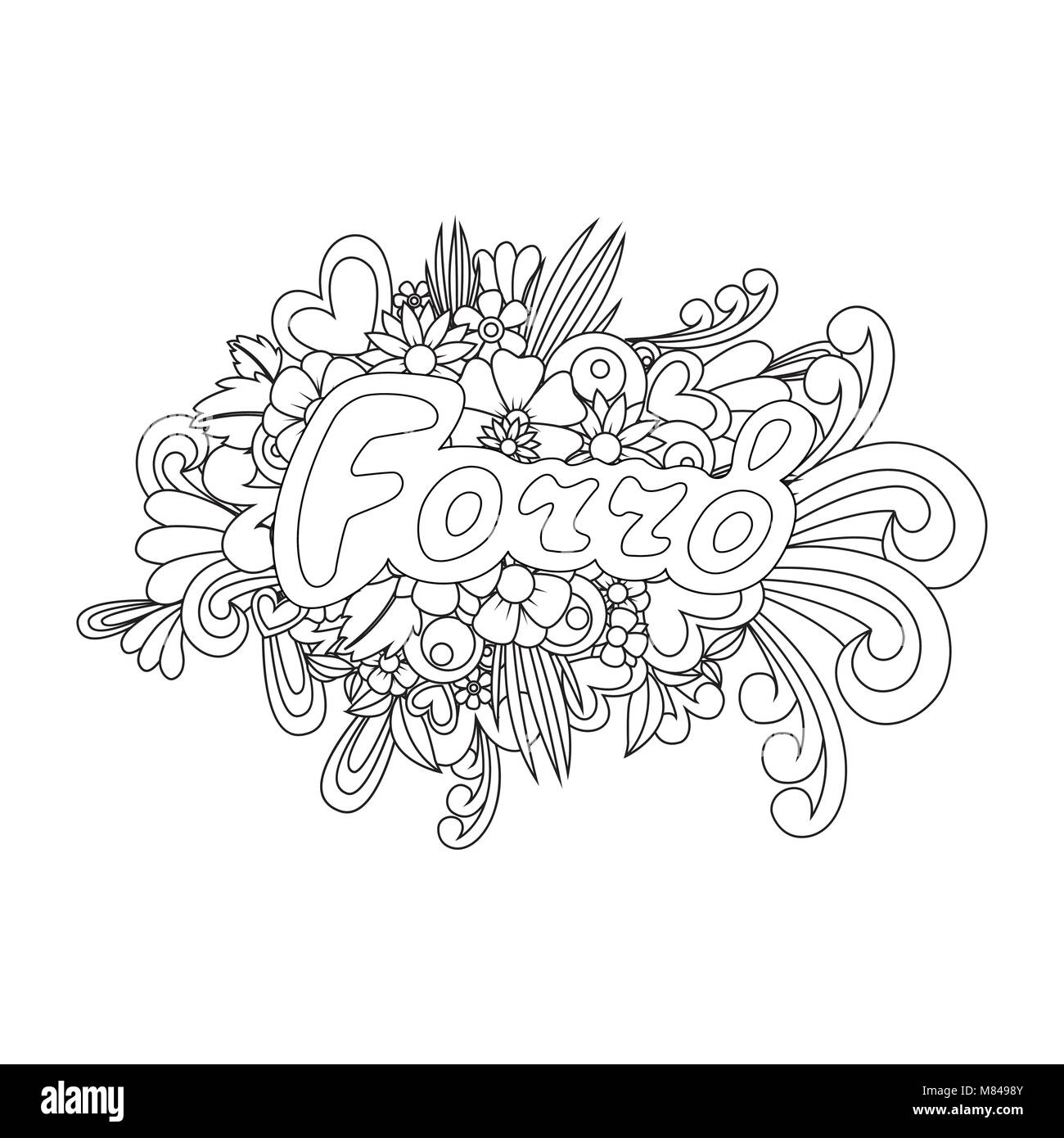 Forro Zen groviglio. Doodle pattern con i fiori e il testo per la danza. Illustrazione Vettoriale. Illustrazione Vettoriale