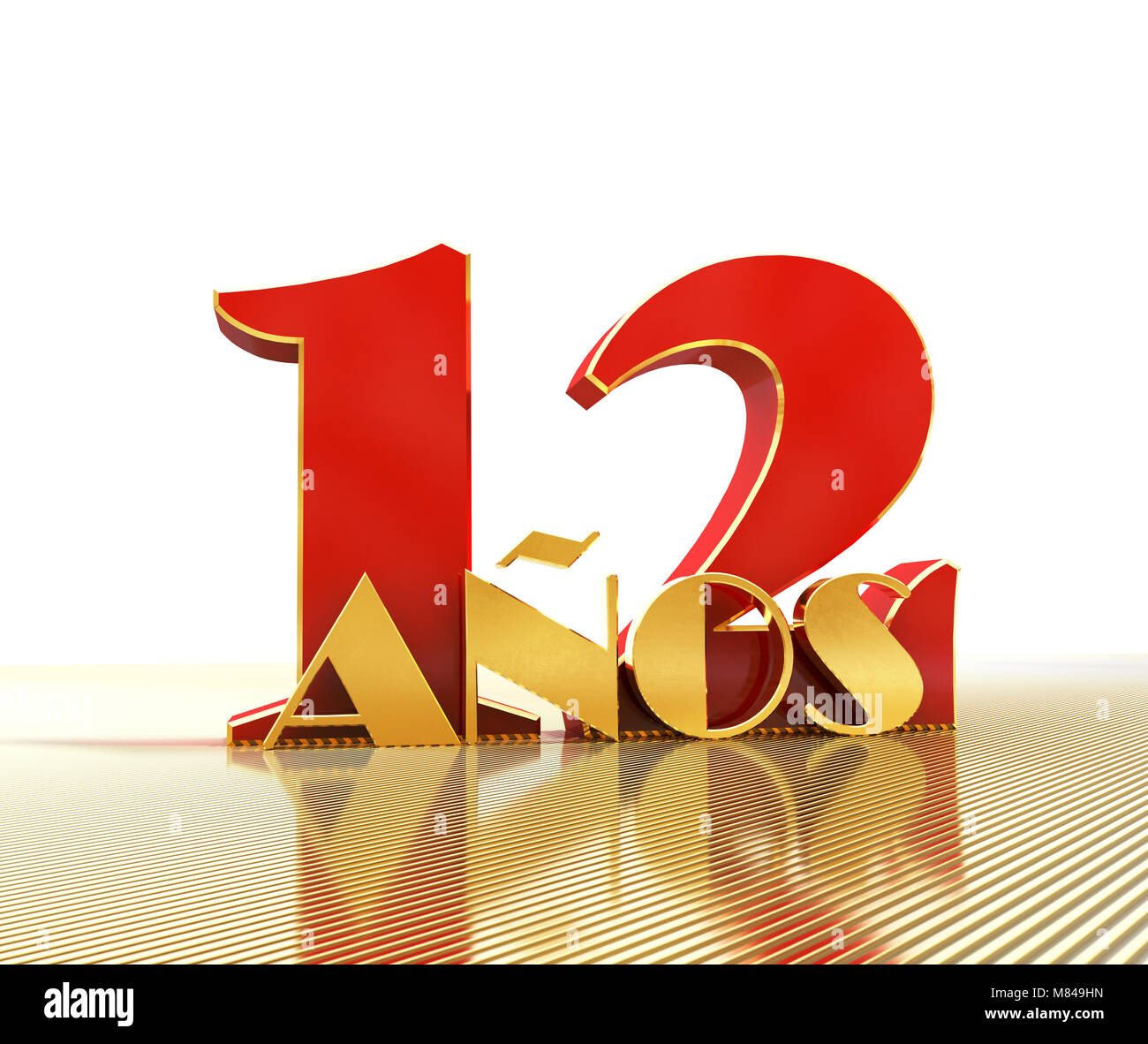 Golden numero dodici (numero 12) e la parola "anni" contro lo sfondo della prospettiva di linee d'oro. Traduzione dallo spagnolo - anni. 3D illu Foto Stock