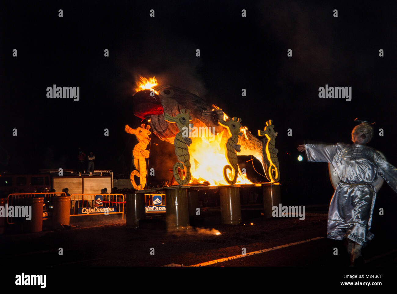 Masterizzazione di sardine in una pira funeraria dopo la processione con il mercoledì delle Ceneri, Carnevale, archiviazione di fotografia, Carnaval de Santa Cruz de Tenerife, febbraio 1994, Foto Stock