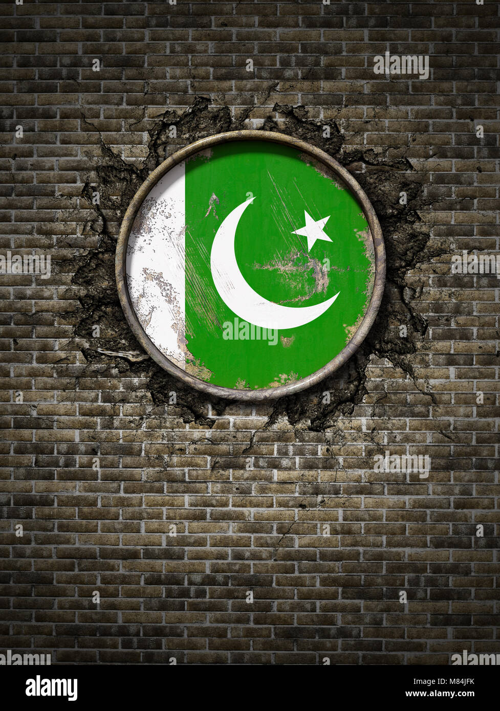 3D rendering di un Pakistan bandiera su un arrugginito piatto metallico incorporato su un vecchio muro di mattoni Foto Stock