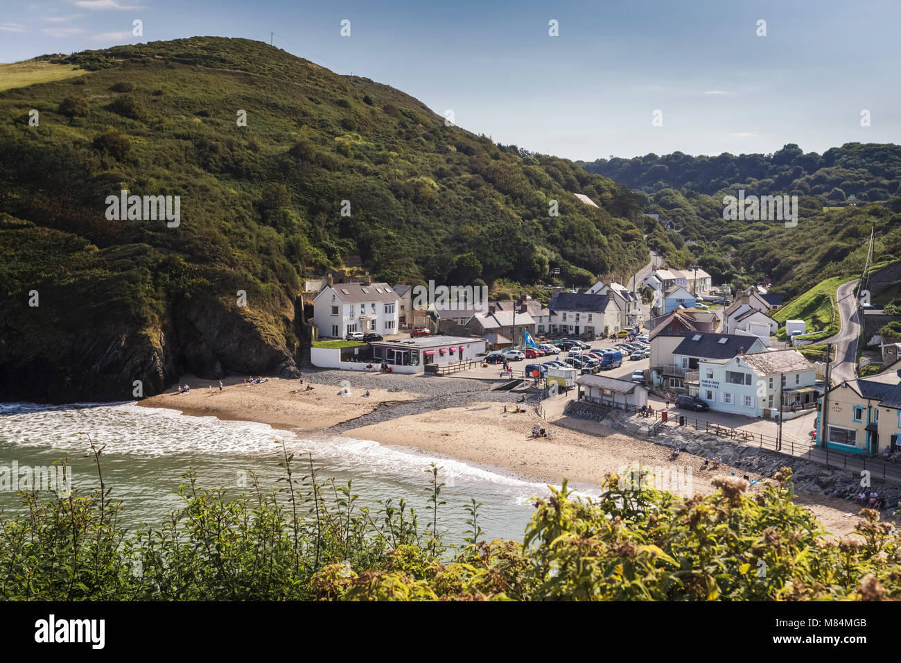 Spiaggia Llangrannog dal di sopra, Ceredigion nel Galles occidentale Foto Stock