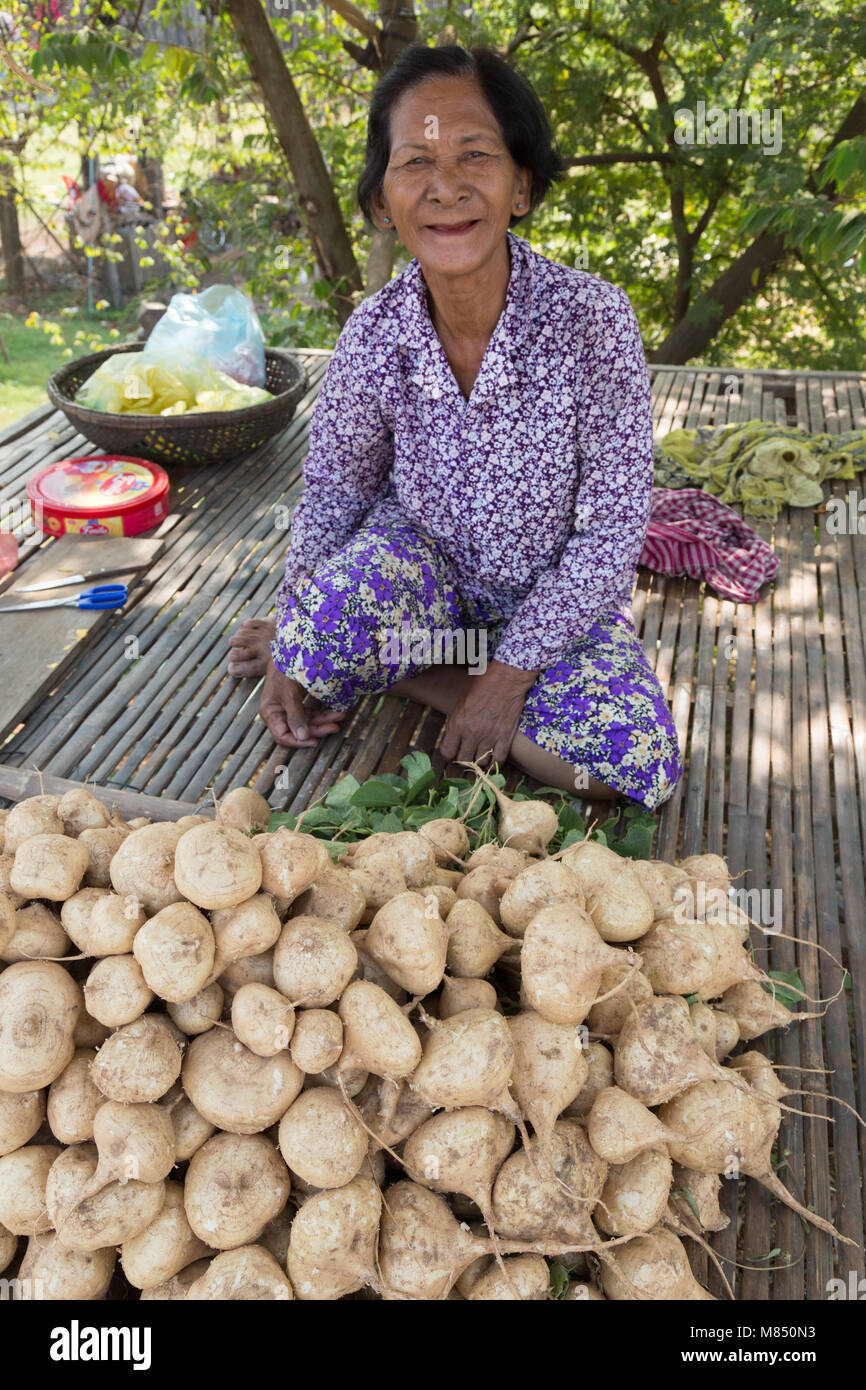 Cambogia - Donna vendita di barbabietole da zucchero ad una strada di stallo di mercato, Kampong Cham, Cambogia, Asia Foto Stock