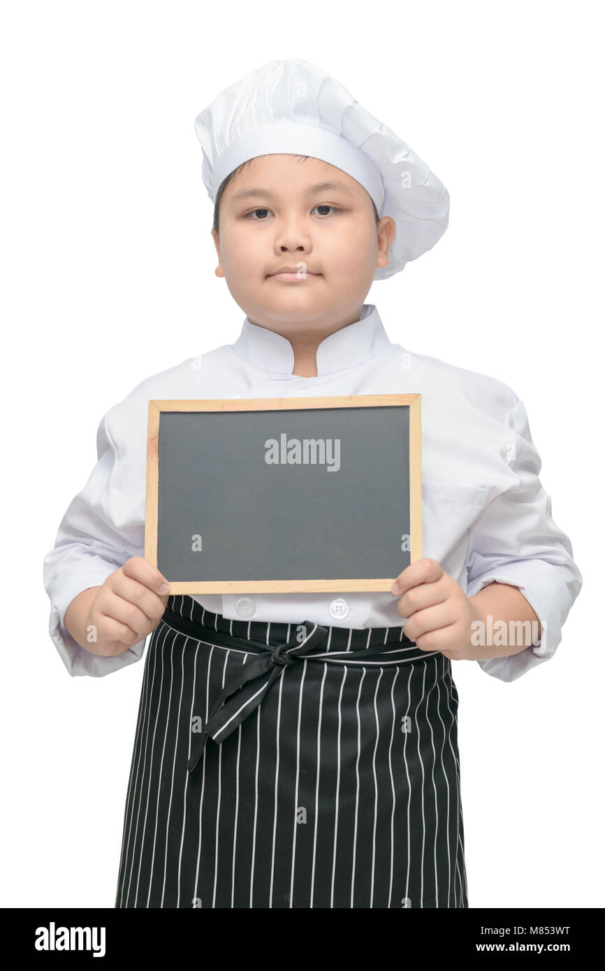 Asian boy chef cuoco uniforme tenendo la lavagna per inserire testo o menu,  isolati su sfondo bianco Foto stock - Alamy