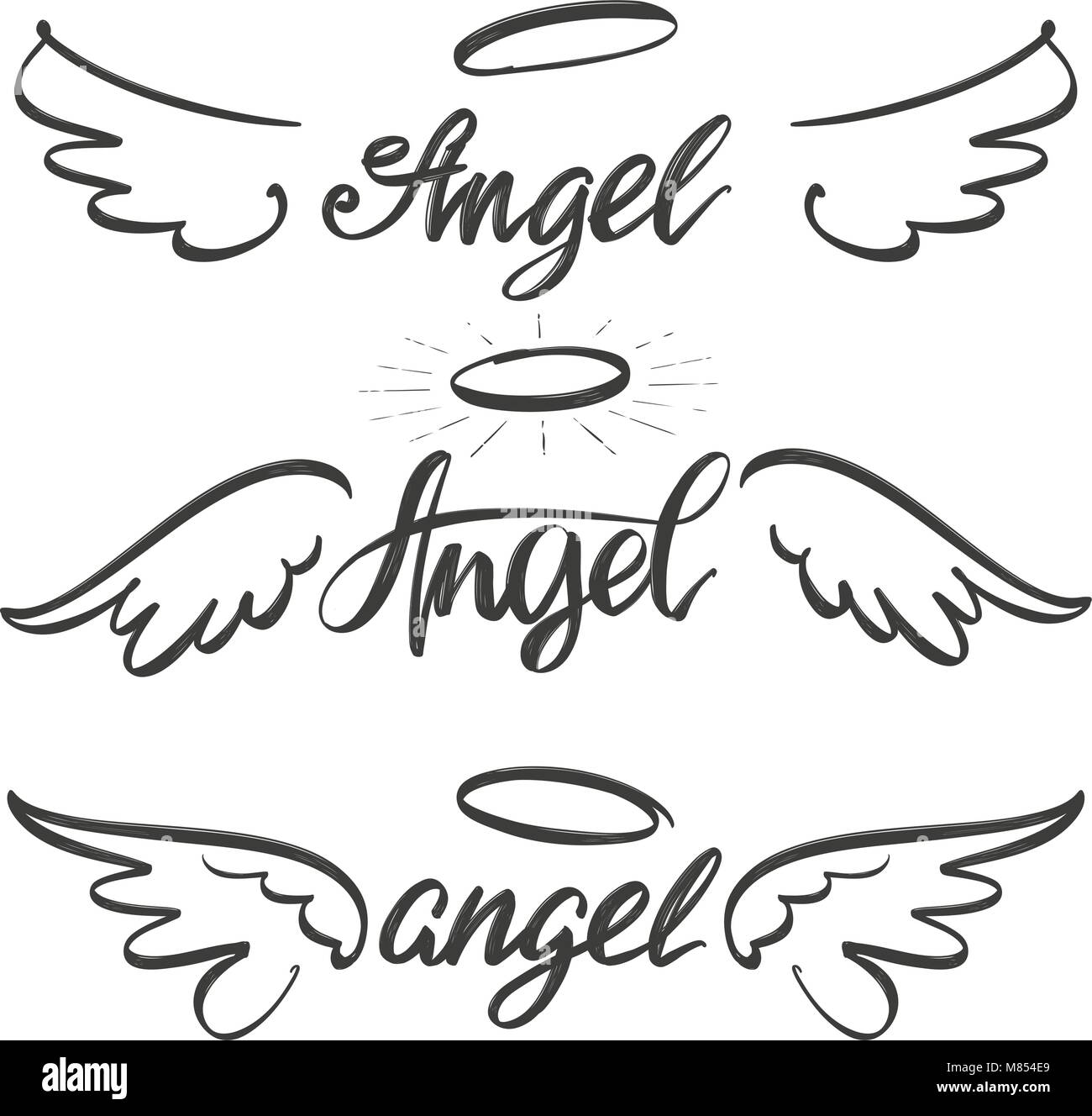 Angel Wings icona collezione sketch, religiosi testo calligrafico simbolo del cristianesimo disegnati a mano illustrazione vettoriale schizzo Illustrazione Vettoriale