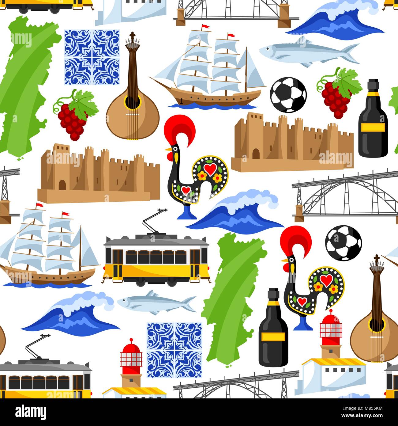 Il Portogallo seamless pattern. Nazionale Portoghese simboli tradizionali e oggetti Illustrazione Vettoriale
