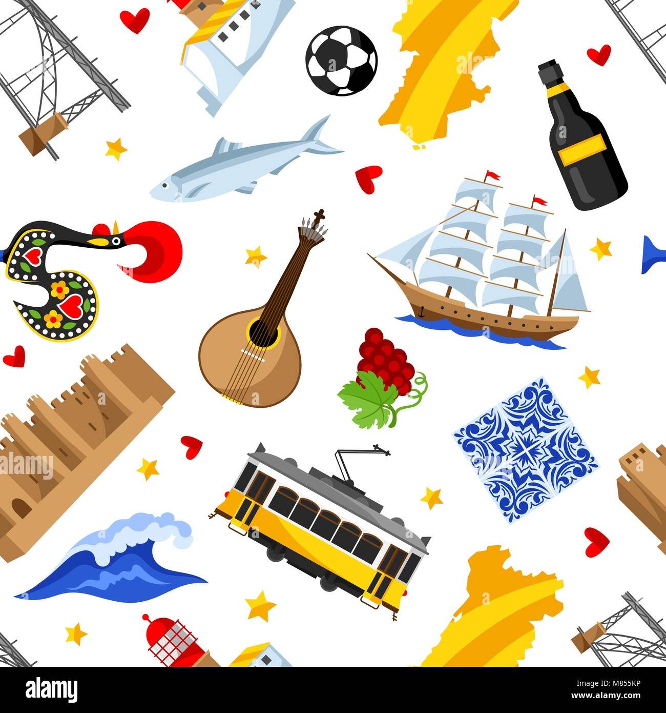 Il Portogallo seamless pattern. Nazionale Portoghese simboli tradizionali e oggetti Illustrazione Vettoriale