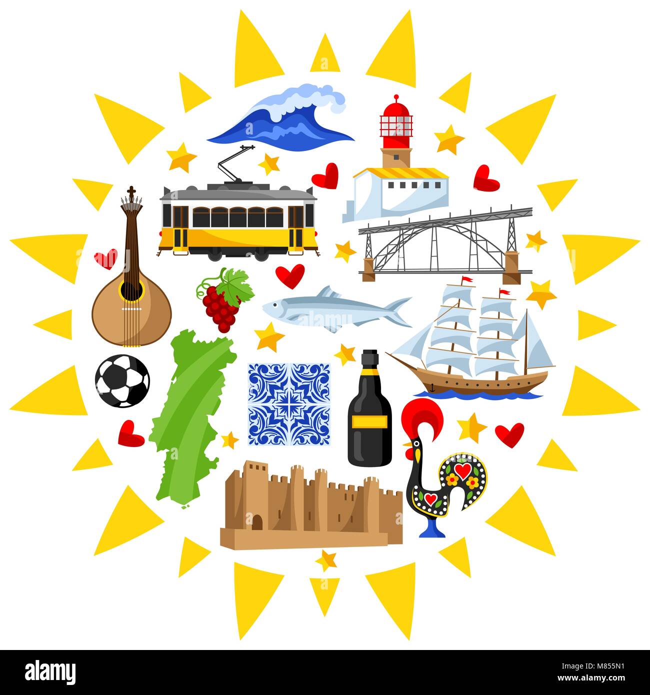 In Portogallo il design dello sfondo. Nazionale Portoghese simboli tradizionali e oggetti Illustrazione Vettoriale