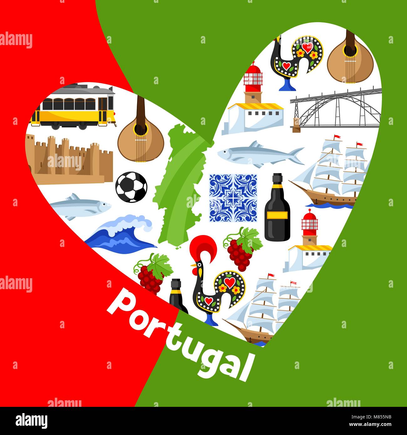 Il Portogallo background design a forma di cuore. Nazionale Portoghese simboli tradizionali e oggetti Illustrazione Vettoriale