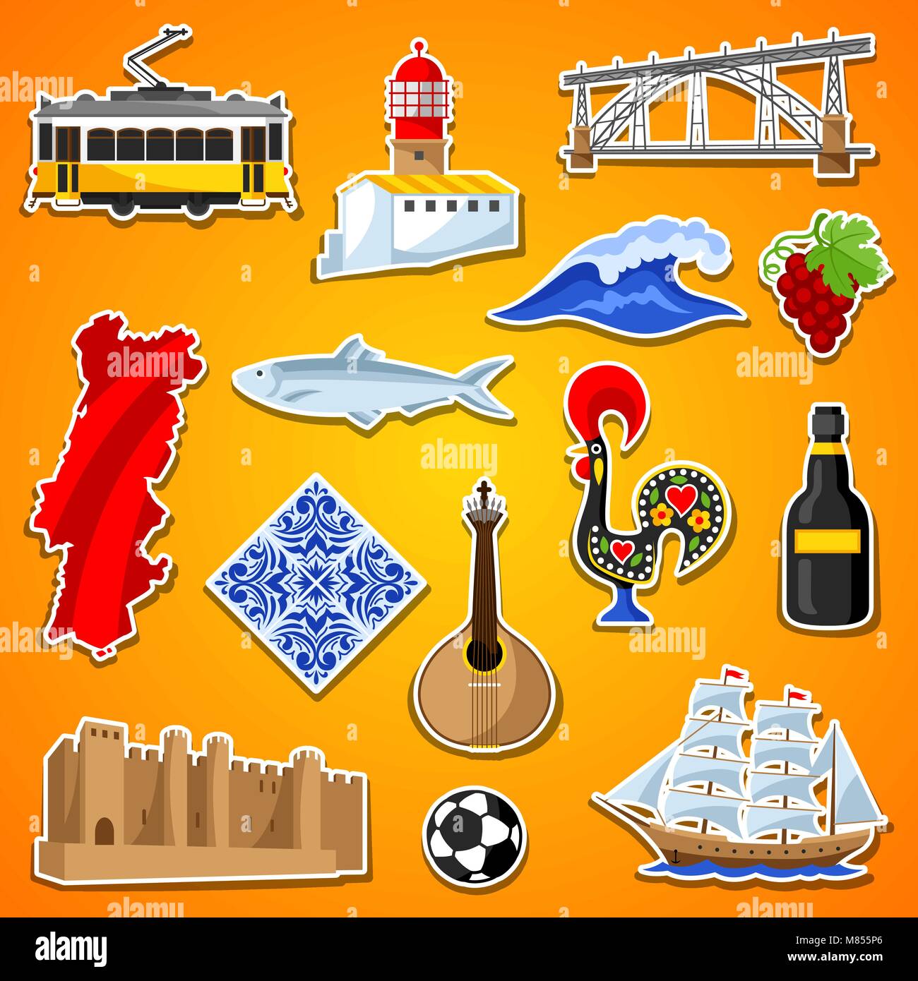 Il Portogallo stickers set. Nazionale Portoghese simboli tradizionali e oggetti Illustrazione Vettoriale