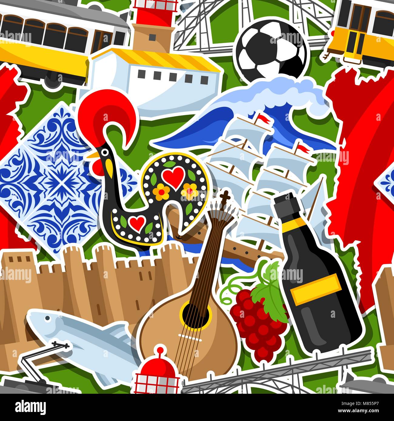 Il Portogallo seamless pattern con adesivi. Nazionale Portoghese simboli tradizionali e oggetti Illustrazione Vettoriale