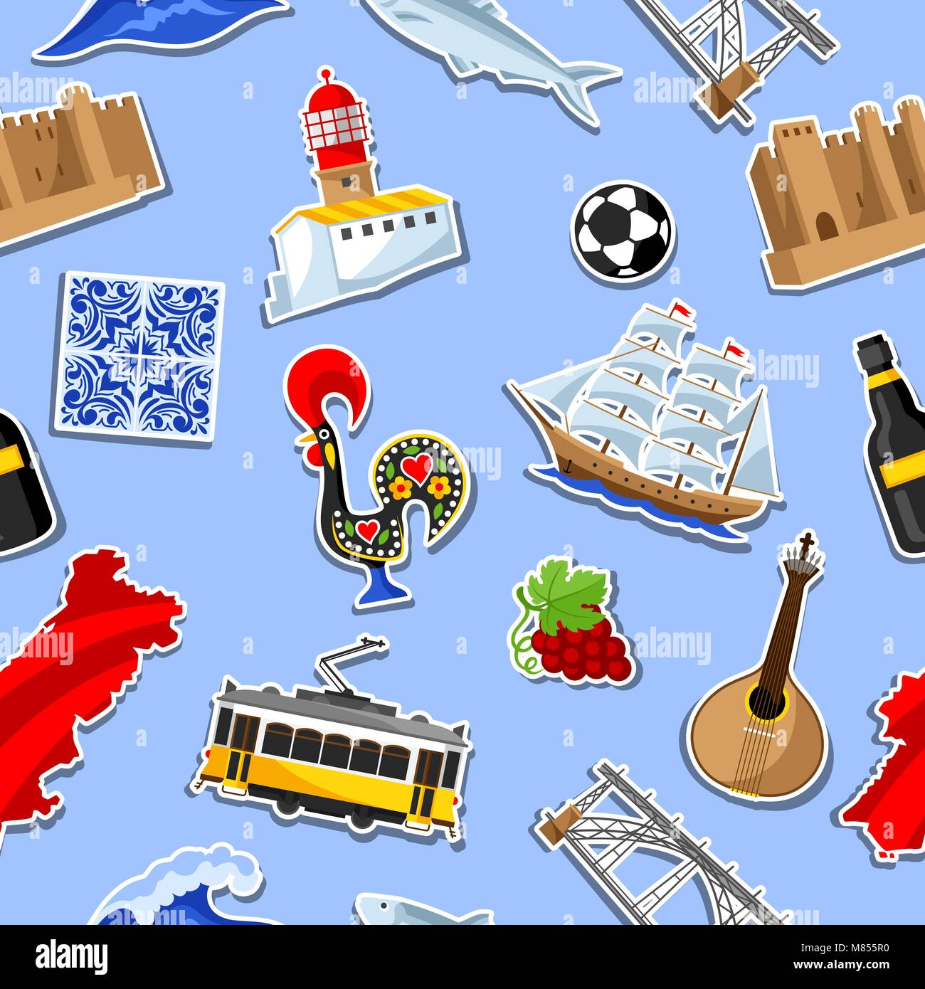Il Portogallo seamless pattern con adesivi. Nazionale Portoghese simboli tradizionali e oggetti Illustrazione Vettoriale
