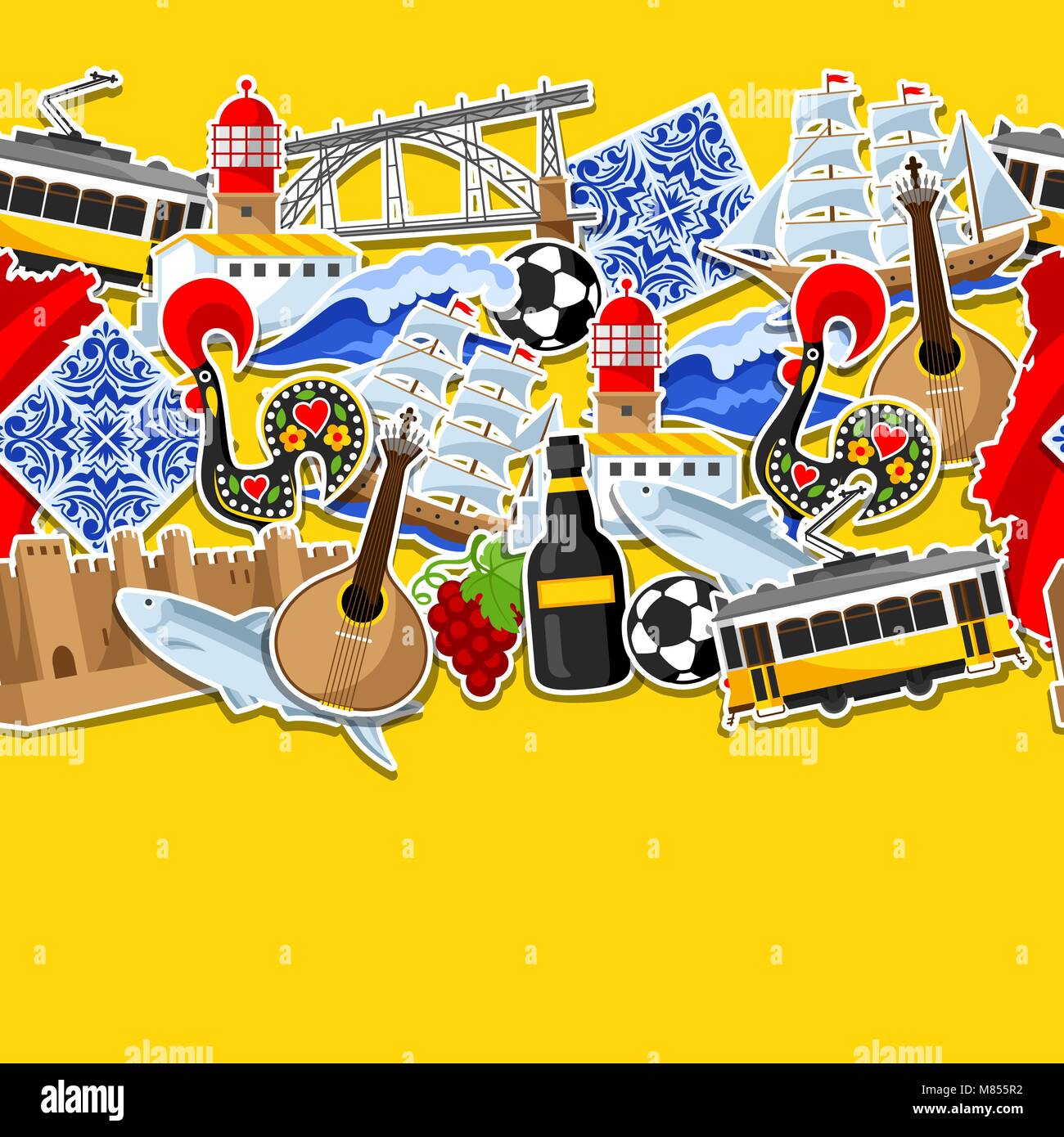 Il Portogallo seamless pattern con adesivi. Nazionale Portoghese simboli tradizionali e oggetti Illustrazione Vettoriale