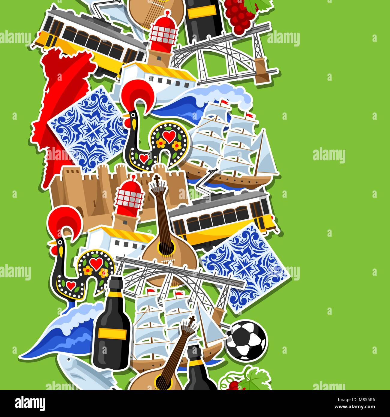 Il Portogallo seamless pattern con adesivi. Nazionale Portoghese simboli tradizionali e oggetti Illustrazione Vettoriale