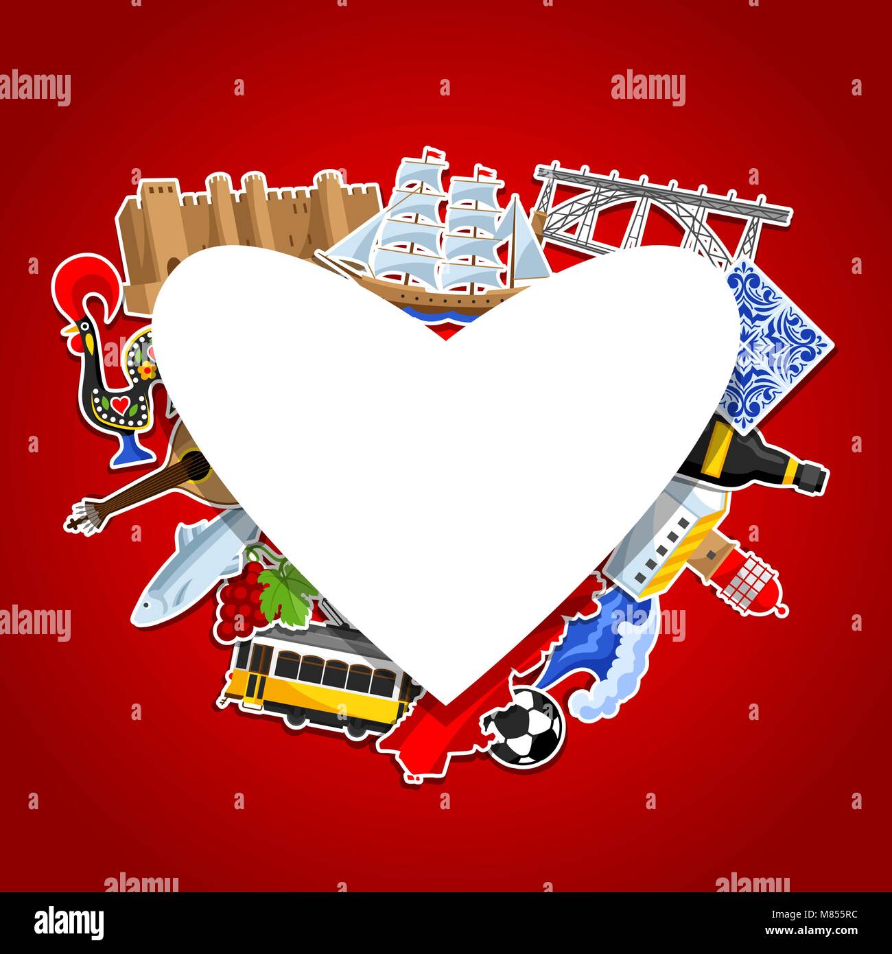 Il Portogallo card con adesivi. Nazionale Portoghese simboli tradizionali e oggetti Illustrazione Vettoriale