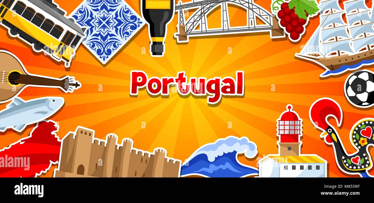Il Portogallo banner con adesivi. Nazionale Portoghese simboli tradizionali e oggetti Illustrazione Vettoriale