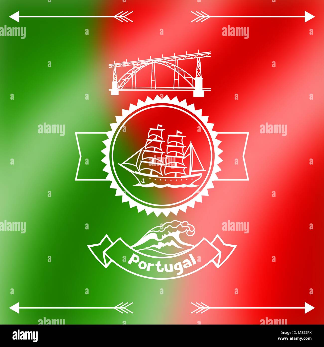 In Portogallo il design dello sfondo. Nazionale Portoghese simboli tradizionali sulla bandiera sfocata Illustrazione Vettoriale
