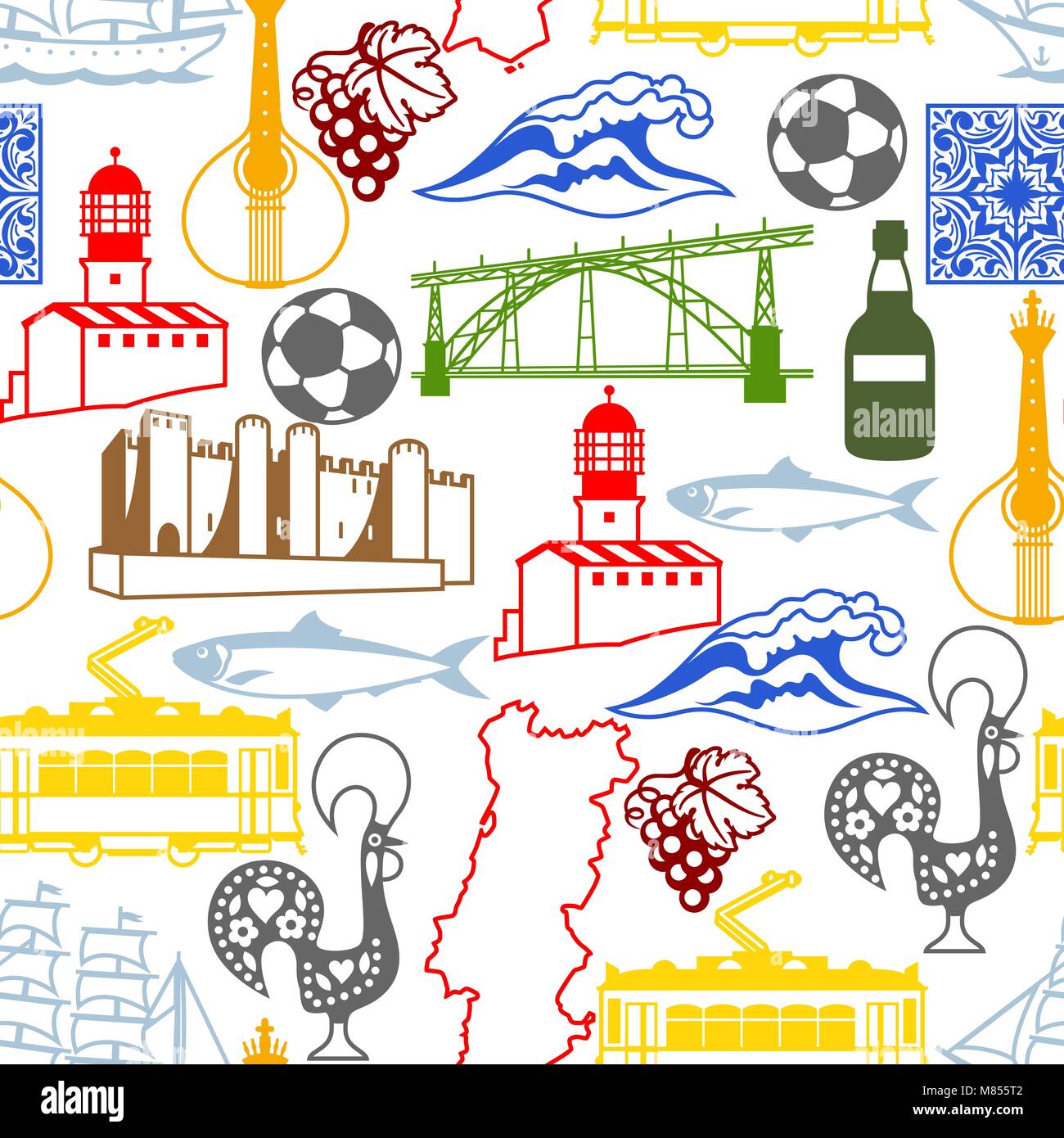 Il Portogallo seamless pattern. Nazionale Portoghese simboli tradizionali e oggetti Illustrazione Vettoriale