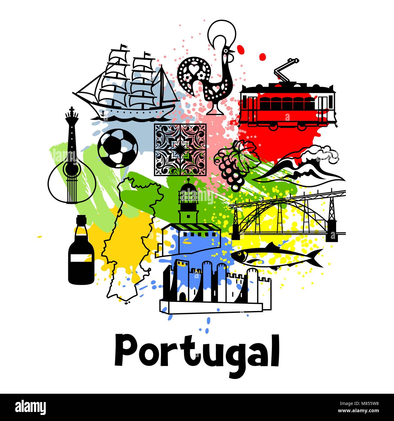 Il Portogallo print design. Nazionale Portoghese simboli tradizionali e oggetti Illustrazione Vettoriale