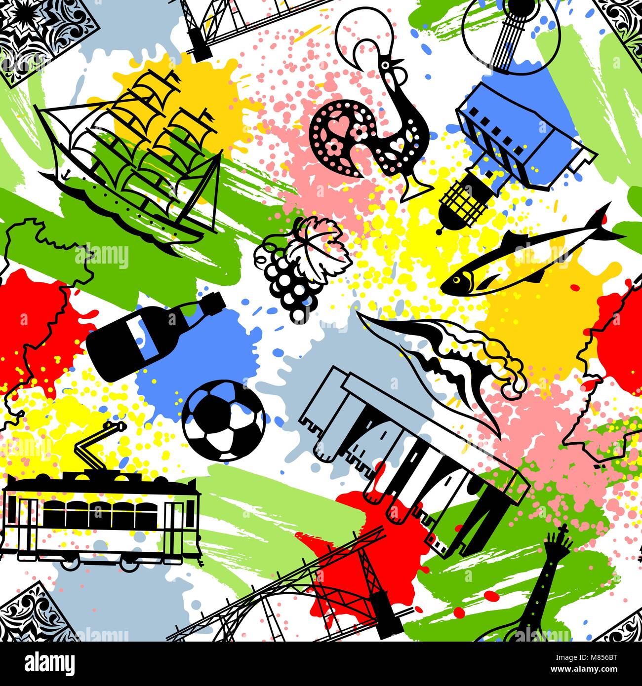 Il Portogallo seamless pattern. Nazionale Portoghese simboli tradizionali e oggetti Illustrazione Vettoriale